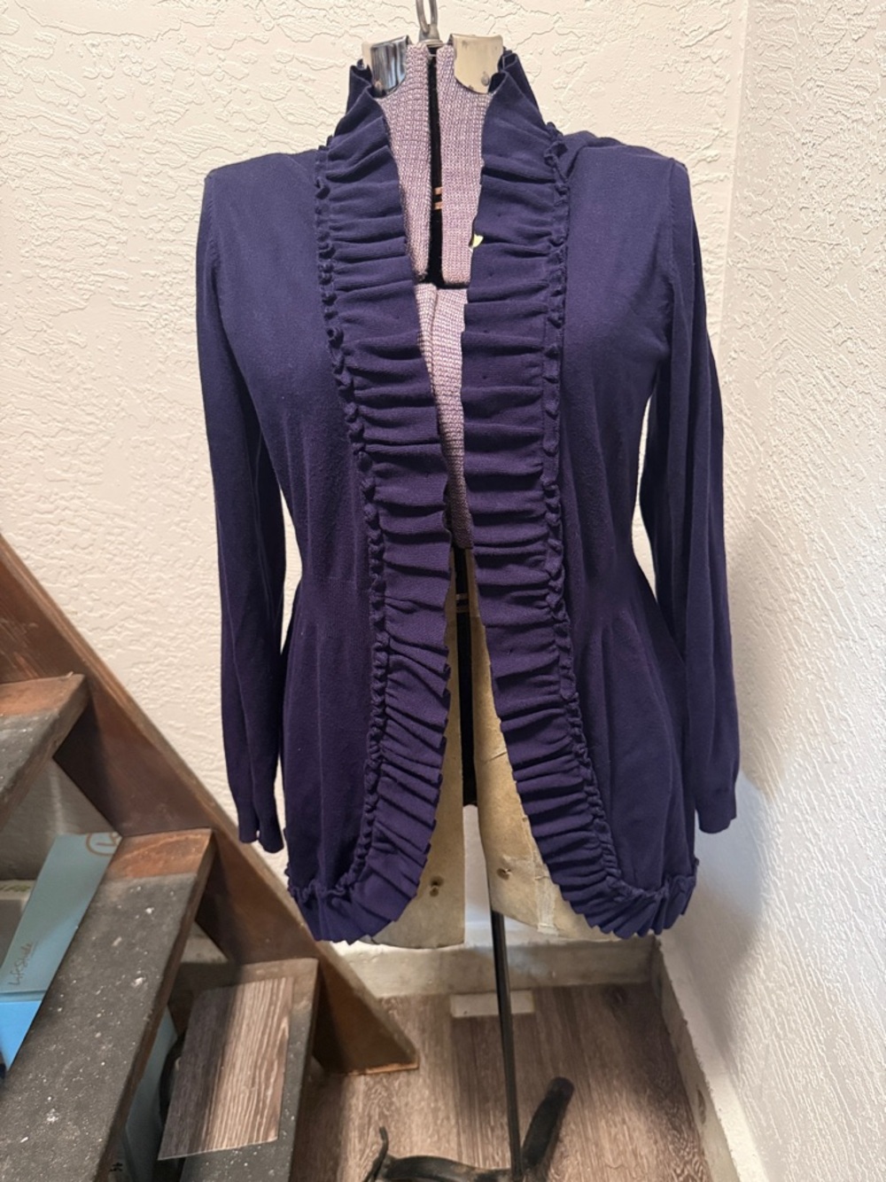Ruffled Open-Front Women's Cardigan - Deep Navy